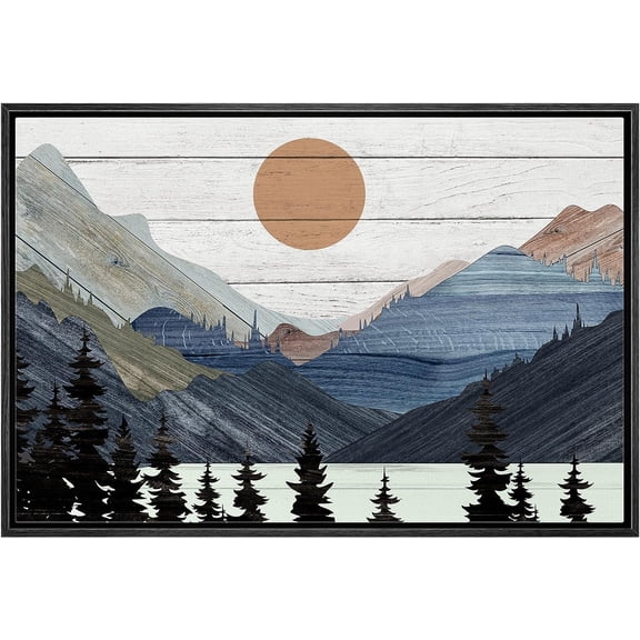 PixonSign Framed Canvas Print Wall Art Blue Mountain Pine Forest Nature Wilderness Digital Art Wood Panel Landscape Farmhouse/Country Relax/Calm/Cozy Geometric Abstract - 16"x24" Black