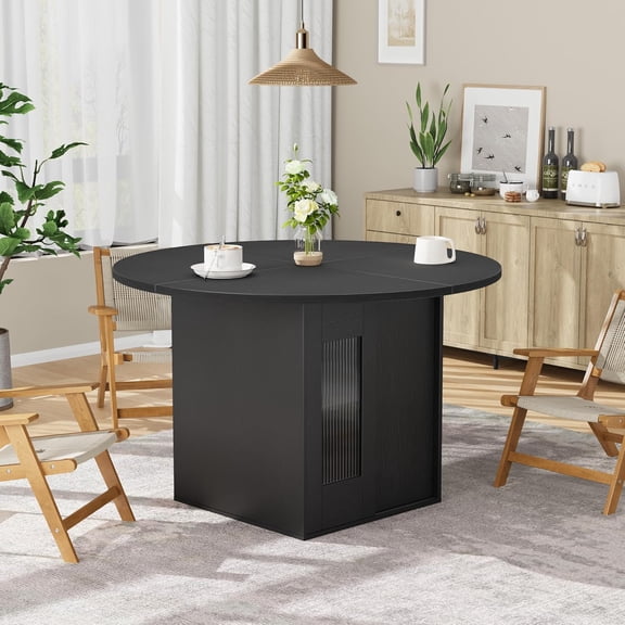 47" Round Dining Table with Storage – Farmhouse Wooden Circle Table, Sliding Door & 2-Tier Shelf – Seats 4-6 for Kitchen, Living Room