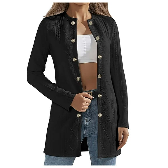 PMVFHDE Women's Autumn Winter Fitted Round Neck Patterned Braided Metal Button Front Long Length Cardigan Coat Black,S