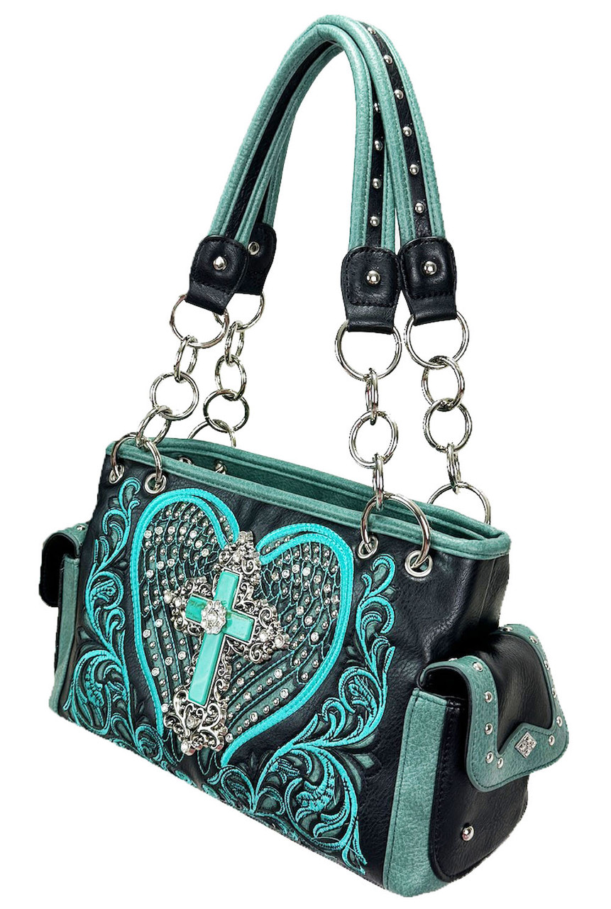 ZZFAB Rhinestone Angel Wing & Cross Western Handbag Turquoise