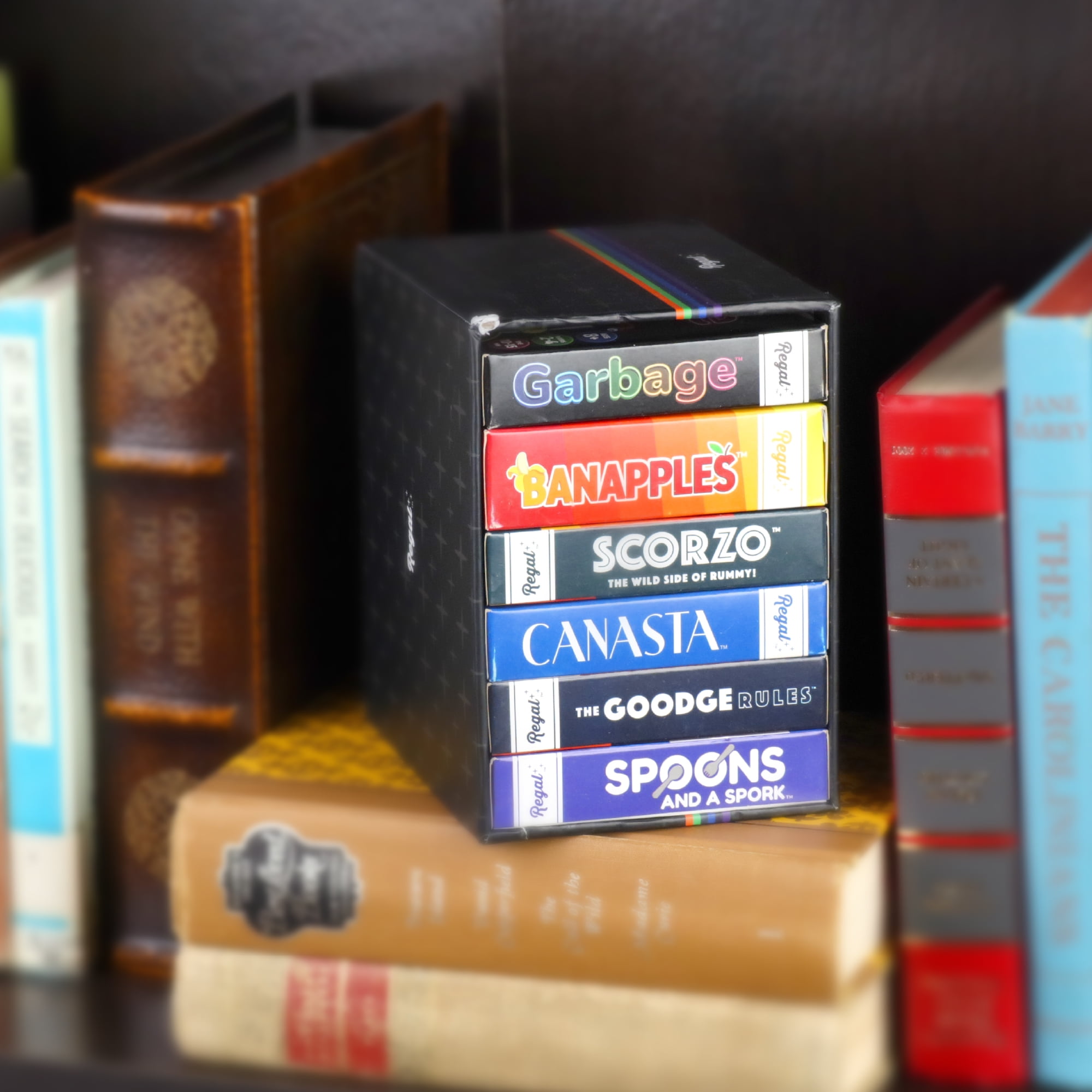 Regal Games, Mega Game Pack, 6 Card Games- ScorZo, The Goodge Rules, Banapples, Spoons and a Spork, Garbage, and Canasta - for Family Gatherings & Game Nights