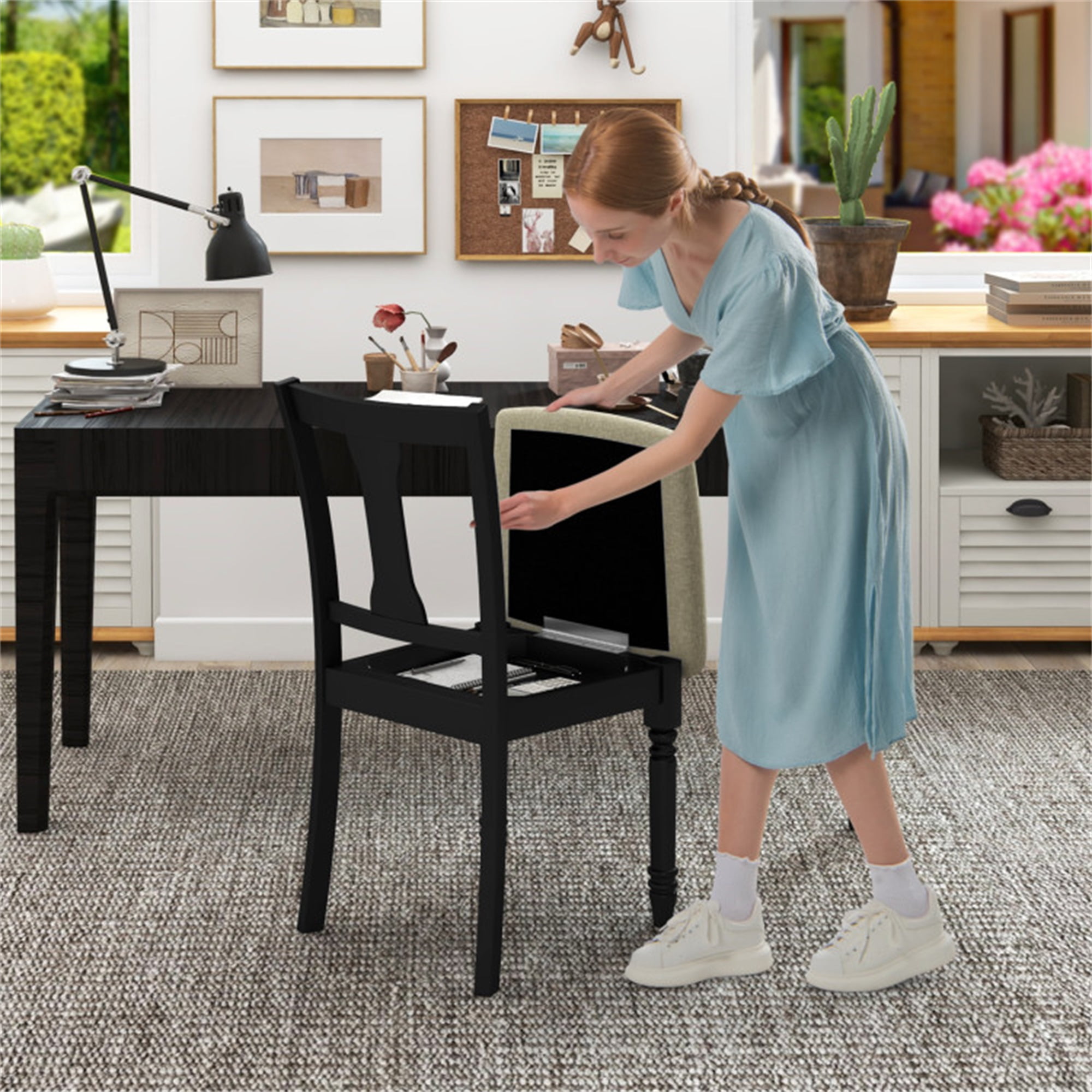 Demi Bonn Kitchen Dining Chair with Linen Fabric Padded and Storage Space, Black