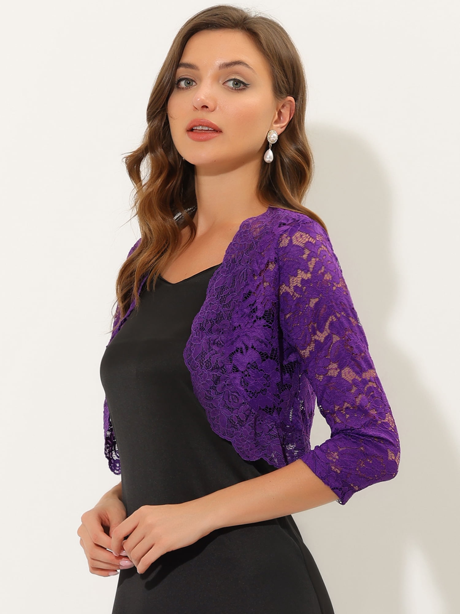 DARING DIVA 3/4 Sleeve Sheer Floral Lace Shrug Top S Violet