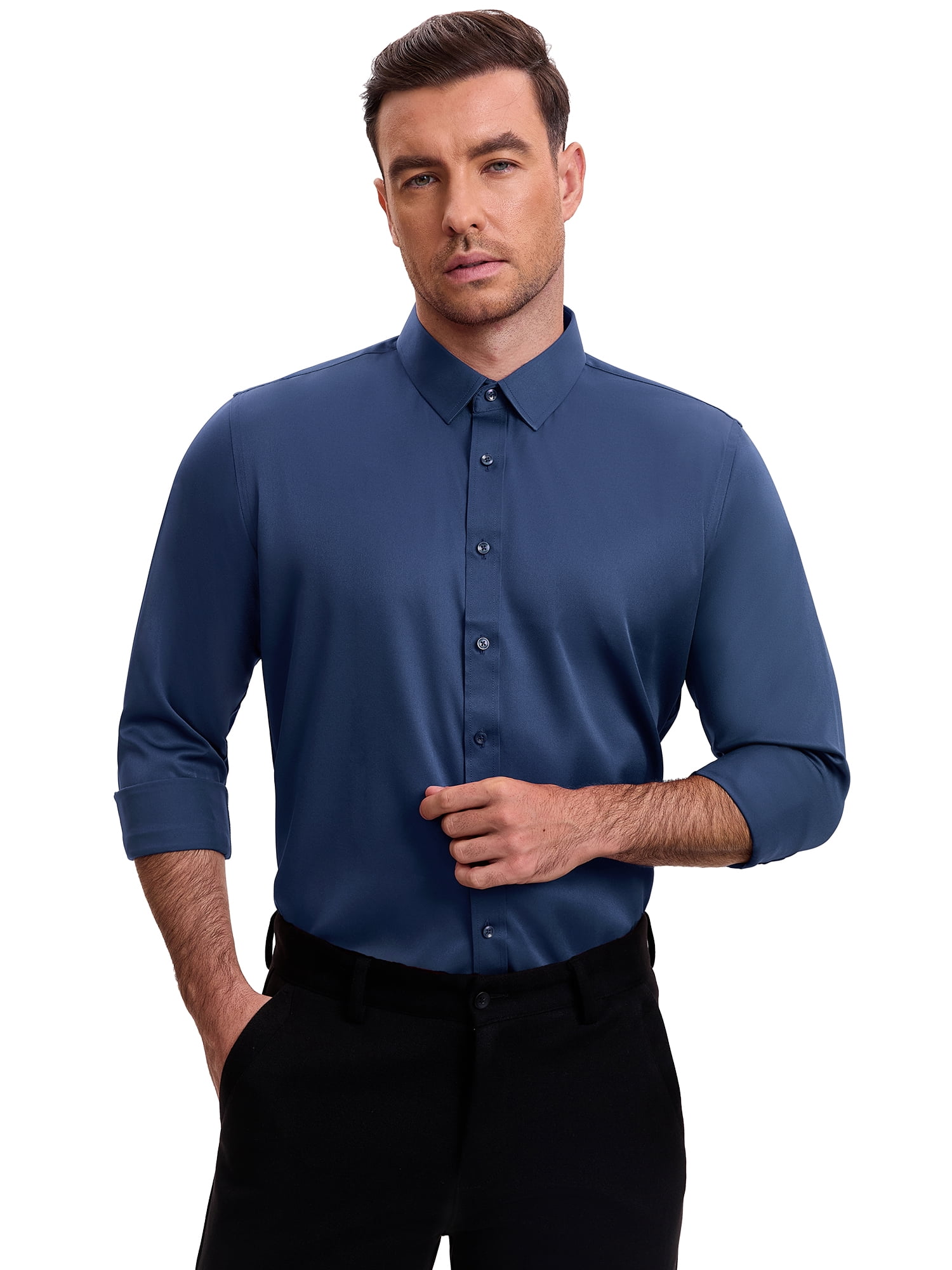 DARING DIVA Men's Point Collar Long Sleeve Button Down Formal Shirts S Dark Blue