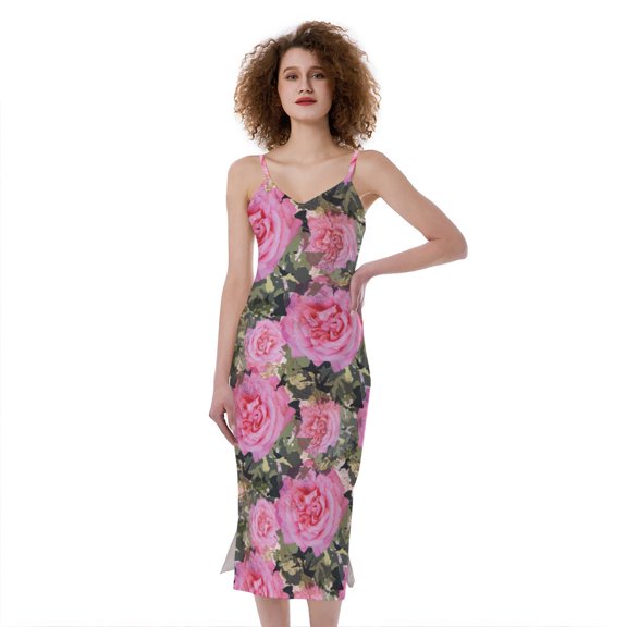 Military Camouflage Flower Pattern Print Slim Fit Midi Cami Dress, Camo Camouflage Fashion Summer Maxi Sexy Casual Dress For Women