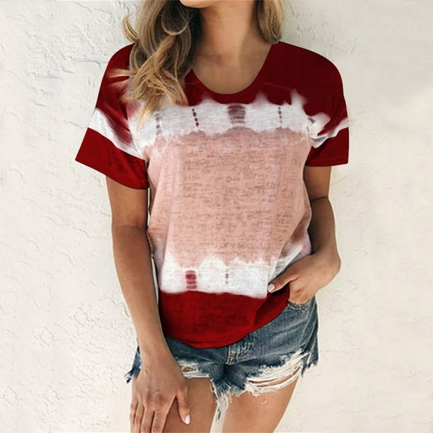 ICHUANYI Clearance Women's Tops Women's Fashion Casual Loose Blouse Tiy-dye Printing Round Neck T-Shirt Shirts Blouse Print Tee(Wine, S) ICHUANYI WER2023080805033