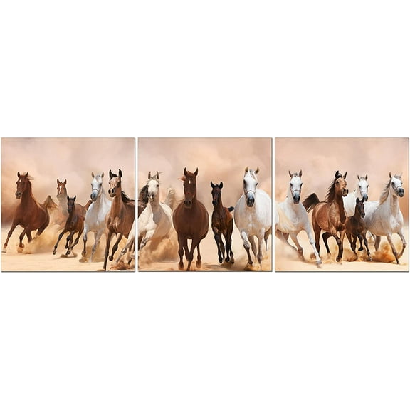 Canvas Wall Art Decor - 24x24 3 Piece Set (Total 24x72 inch)- Panoramic Galloping Horses - Large Decorative & Modern Multi Panel Split Canvas Prints for Dining & Living Room, Kitchen, Bedroom & Office