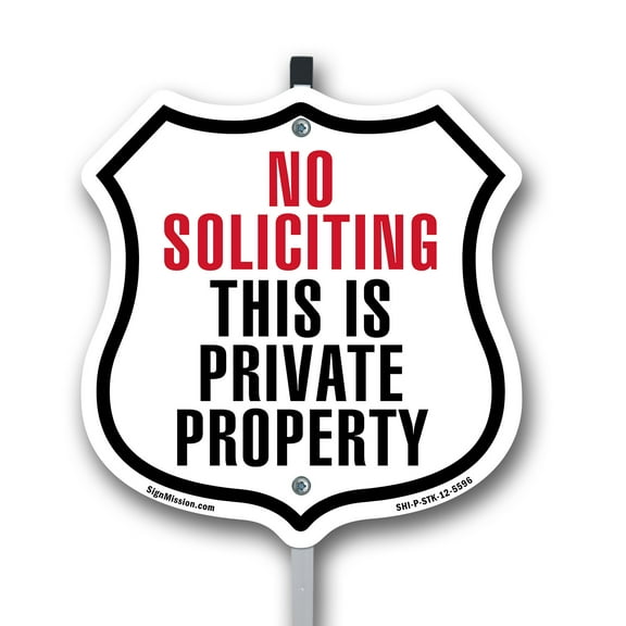 No Soliciting This Is Private Property 12 inch X 12 inch Shield Shaped Rust-Free Aluminum Metal Sign with Aluminum Mounting Stake Weather Resistant Made in the USA