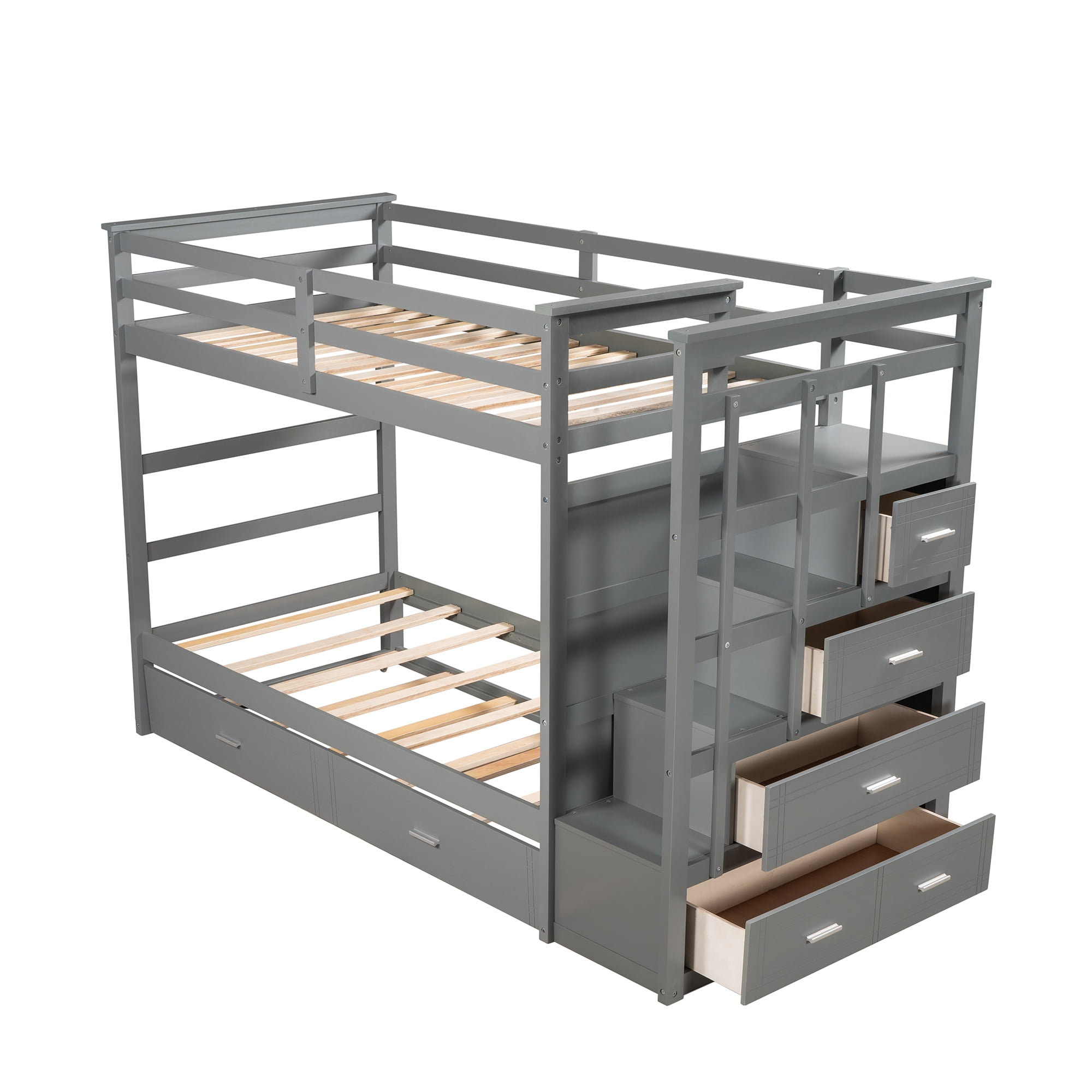 Aukfa Twin over Twin Bunk Bed with Trundle and Staircase, Wood Bunk Bed with 4 Storage Drawers for Kids, Teens - Gray