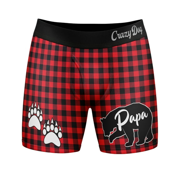 Mens Papa Bear Boxers Funny Fathers Day Paw Print Plaid Graphic Novelty Underwear for Guys