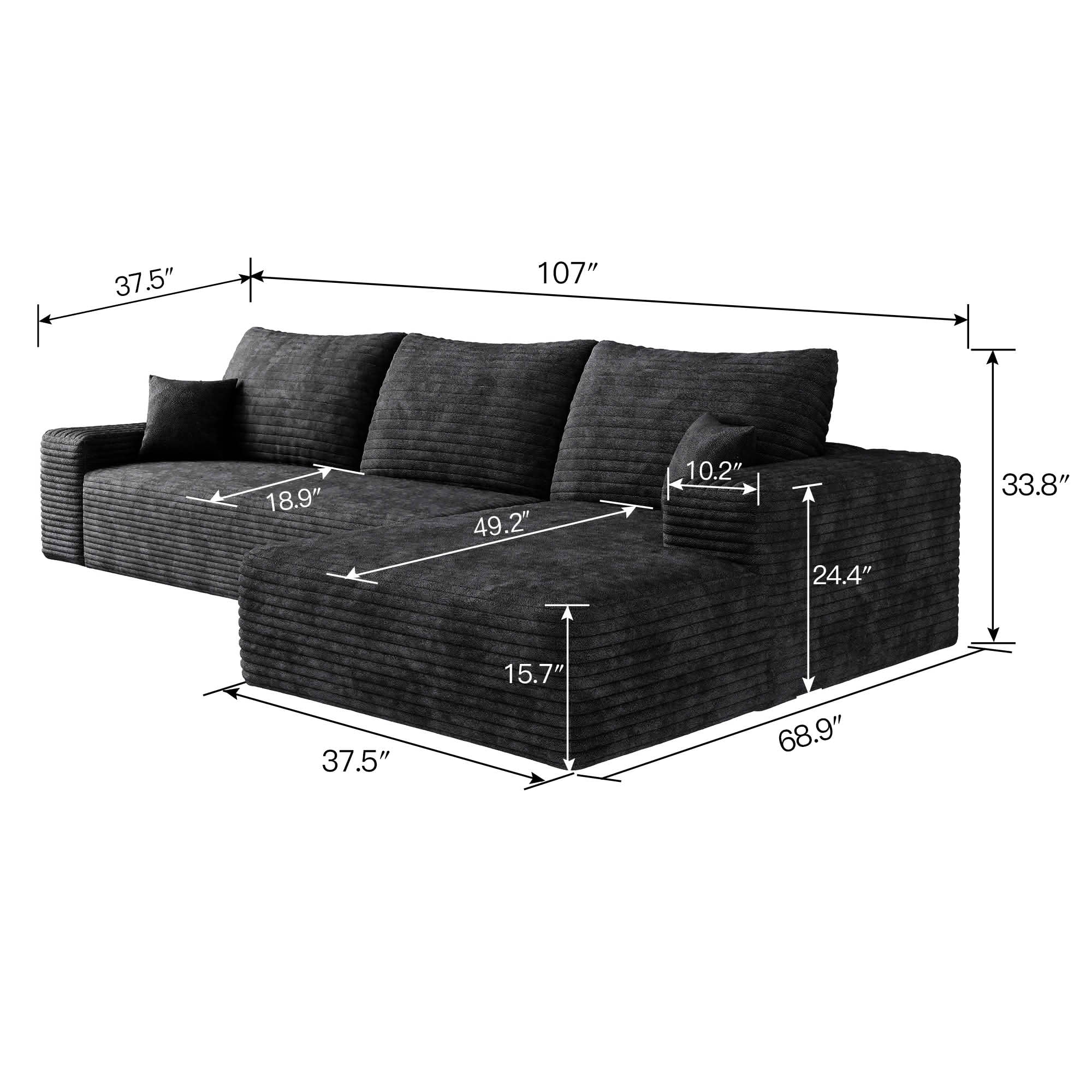 MAYEERTY 107-Inch Black Plush Corduroy 3-Seat L-Shaped Cloud Modular Sectional Sofa, Deep Seat Couch with Chaise No Assembly Required
