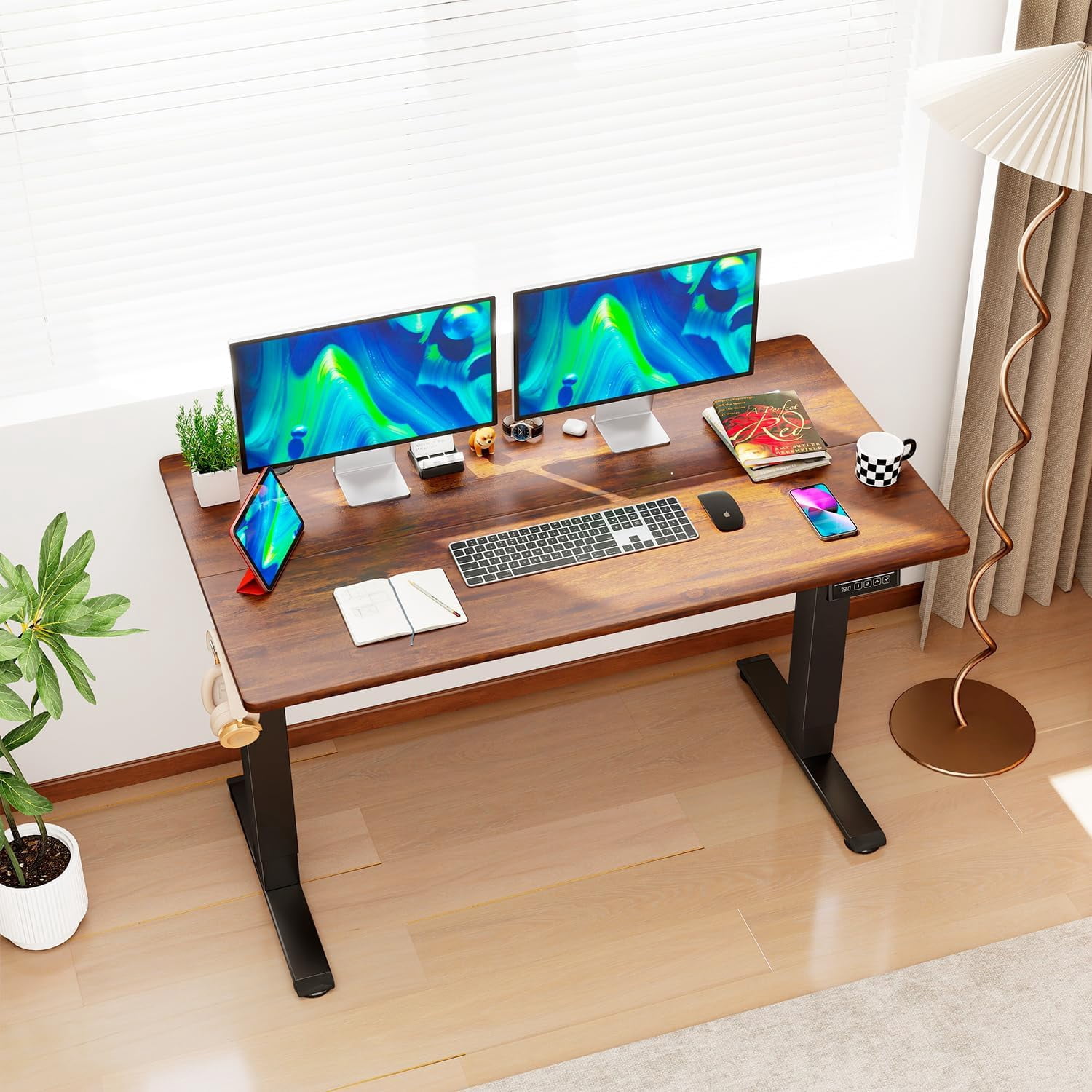 Electric Standing Desk 48x24 Inch Height Adjustable Desk Large Space Office Computer Desk with Headphone Holder 2 Memory Function for Home Office,Brown