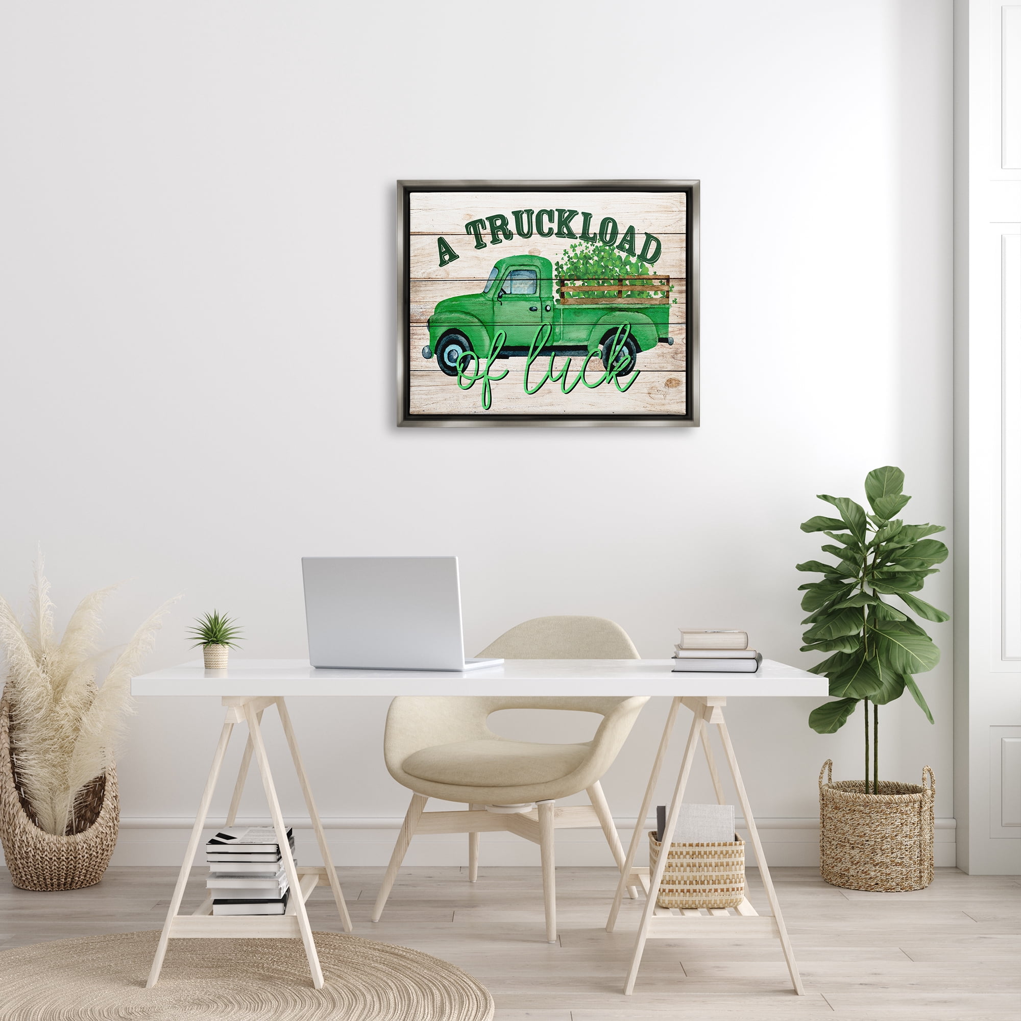 Stupell Truckload Of Luck St Patrick's Day Farmhouse Holiday Painting Gray Floater Framed Art Print Wall Art
