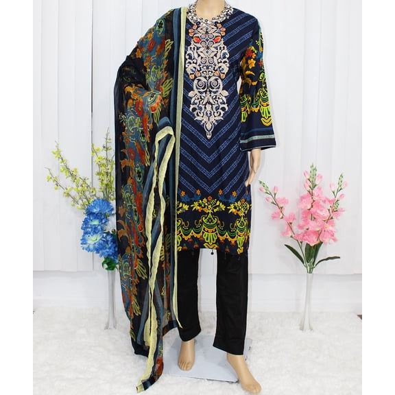 Nazon Brand- Pakistani Lawn | Long Dress | Long Sleeve | Party Were Dress | Lawn | Navy-BlueYellow Color