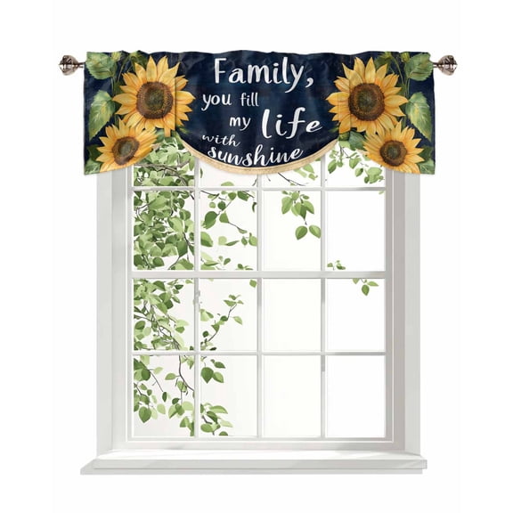 Family Sunshine Tie Up Valances Curtain, Sunflower Navy Blue Kitchen Valances for Windows Decor, Rod Pocket Short Curtains Set for Bedroom/Bathroom, 54"x18"