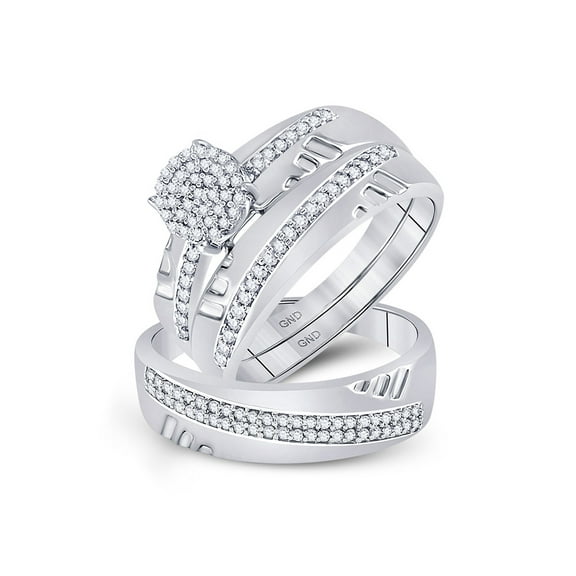 10kt White Gold His Hers Round Diamond Cluster Matching Wedding Set 1/3 Cttw