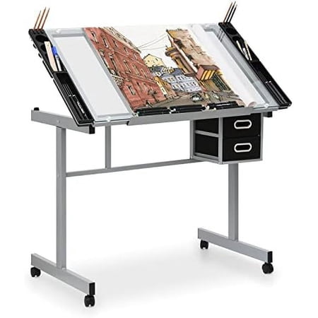 Drafting Table Adjustable Height Artist Desk with Tilting Clear Glass Tabletop, Portable Art Desk with 2 Storage Drawers and 2 Lockable Rolling Casters for Artists Painters Student (Clear)