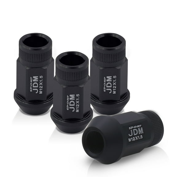 AJP Distributors JDM Sport Universal 4-Piece Matte Black Lightweight T-6061 Aluminum Heavy Duty Open End Aftermarket Wheels Rims Lug Nuts M12 x 1.5mm Thread Pitch Pattern Set Upgrade VIP Drift Track
