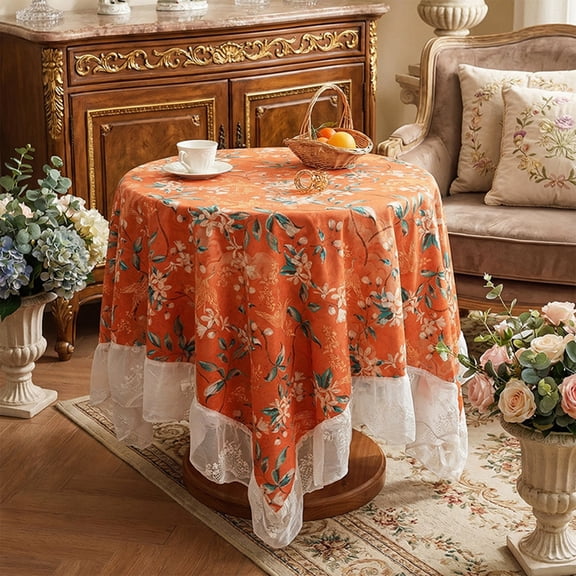 Floral Print Round Tablecloth with Lace Trim, French Vintage Style Table Cover, Polyester Fabric