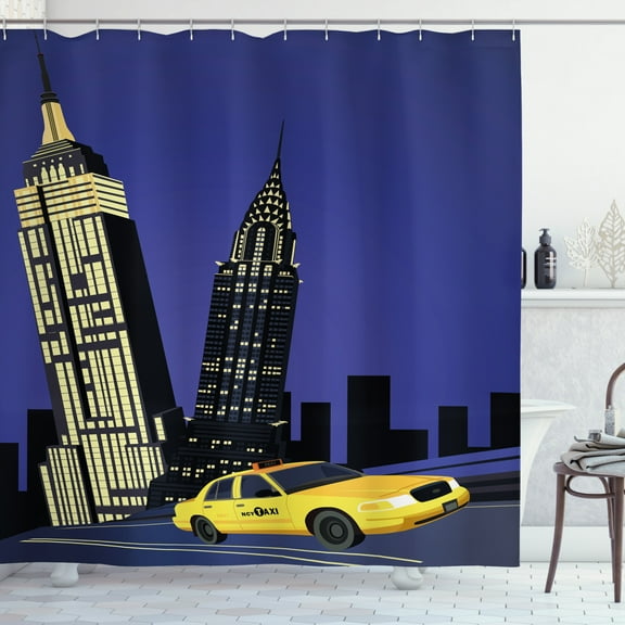Ambesonne City Shower Curtain, Taxi New York American, 69"Wx84"L, Violet Blue Yellow Black