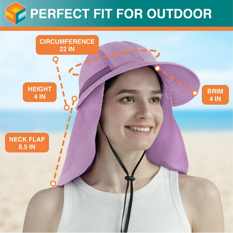 Sun Cube Women Sun Hat Neck Flap Cover, UV Protection Wide Brim Fishing Hat, Ponytail Hole Hiking Hat, Foldable Beach Cap Gardening Camping Outdoor