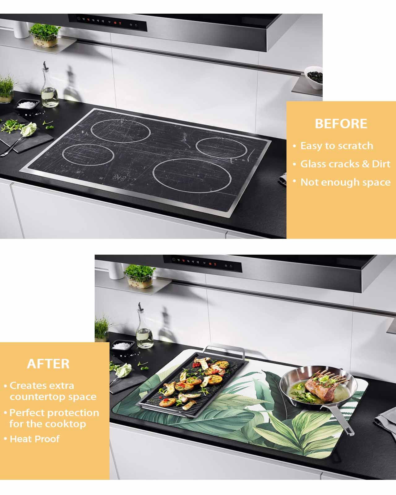 nqOlkjepod Large Induction Cooktop Protector Mat 24"x21", Green Tropical Leaves Stove Top Covers for Electric Stove, Country Summer Botanical Palm Leaf Stove Burner Cover Mats, Glass Top Stove Cover