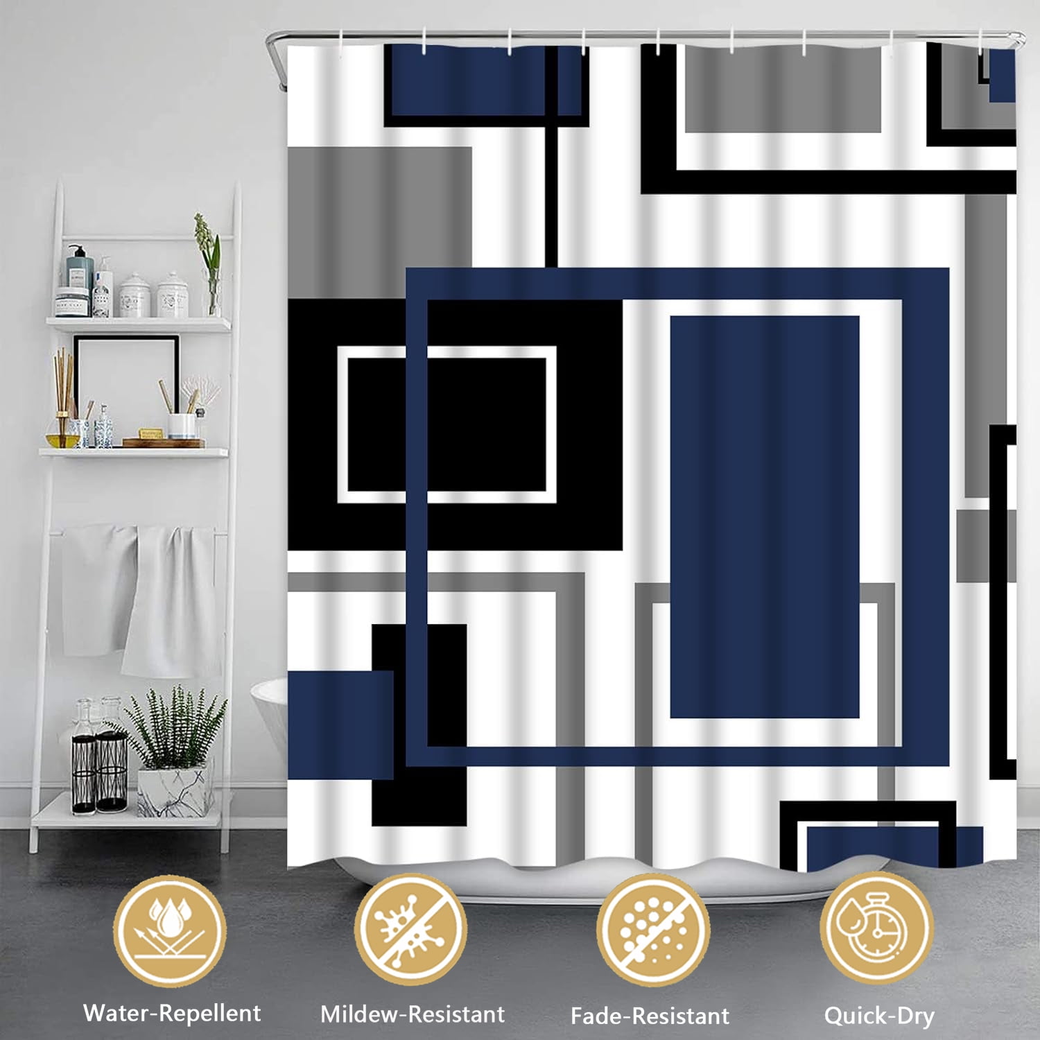 FRAMICS Blue Black Geometric Shower Curtain Sets with Rugs, 16 Pc Modern Abstract Bathroom Sets, Waterproof Fabric Shower Curtain with 12 Hooks and Toilet Rugs