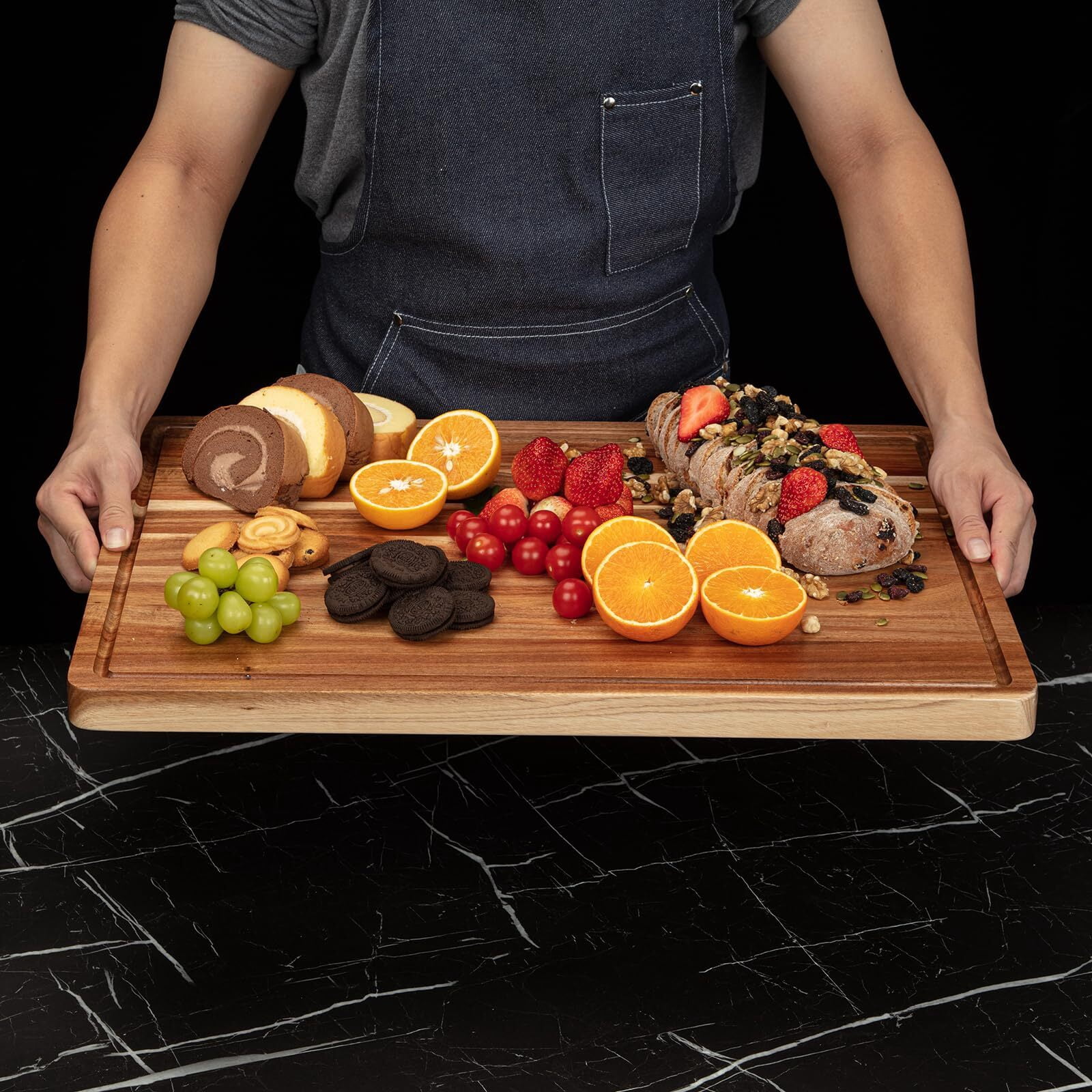 EuKer Large Acacia Cutting Board, 24" x 18" Solid Wood Butcher Block with Side Handles for Kitchen