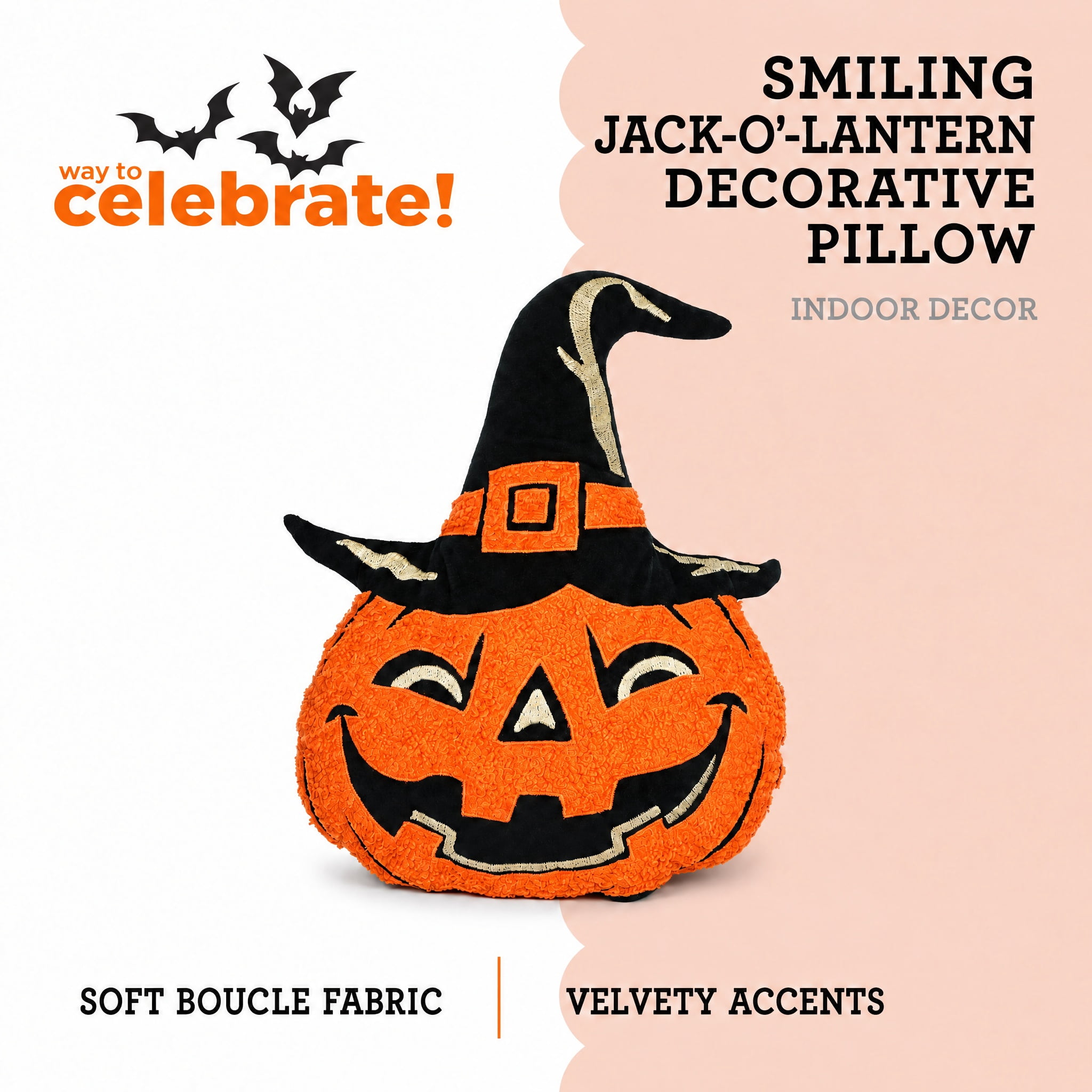 Smiling Jack-o'-Lantern Decorative Pillow, Black and Orange, 14.5", Halloween by Way To Celebrate