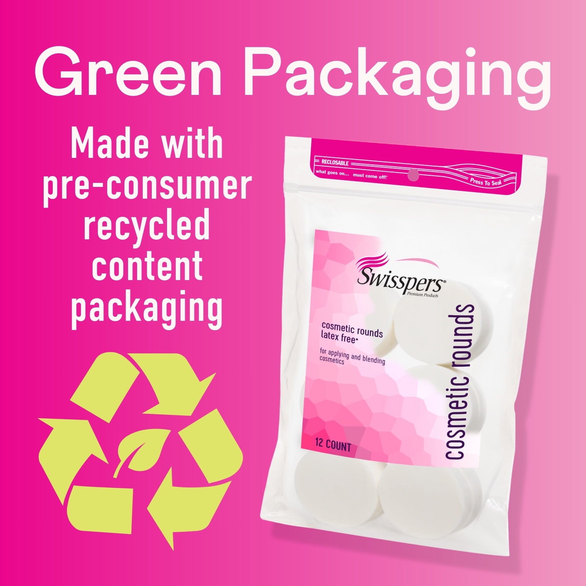 (3 pack) Swisspers Premium Cosmetic Rounds, Makeup Application Sponge, Soft Foam, Cruelty-Free, Vegan, Hypoallergenic, Natural Latex Free, Multi-Purpose Beauty, Green Packaging, 12 Count