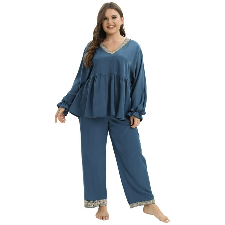Xmarks Womens Plus Size Loungewear Set Smooth Fabric Spring Lounge Set Long  Sleeve Top 2 Piece Outfits Soft Pajamas Blue 3XL 