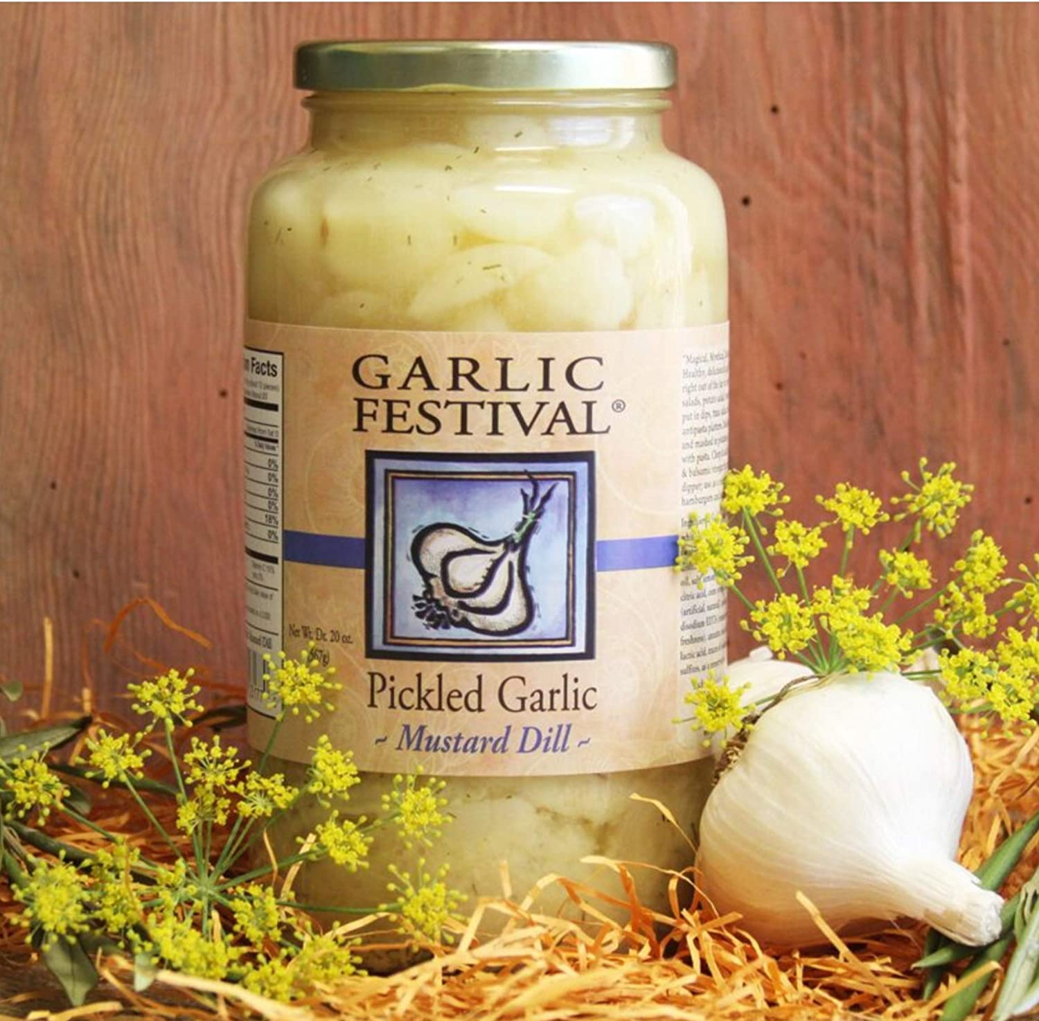 Garlic Festival Mustard Dill Pickled Garlic Cloves in a Jar - Mustard Dill Pickled Garlic - Fresh Garlic Cloves for Cooking - Freshly Made - Subtly Infused, Pre-Prepared Garlic - Net Wt. 32 oz.
