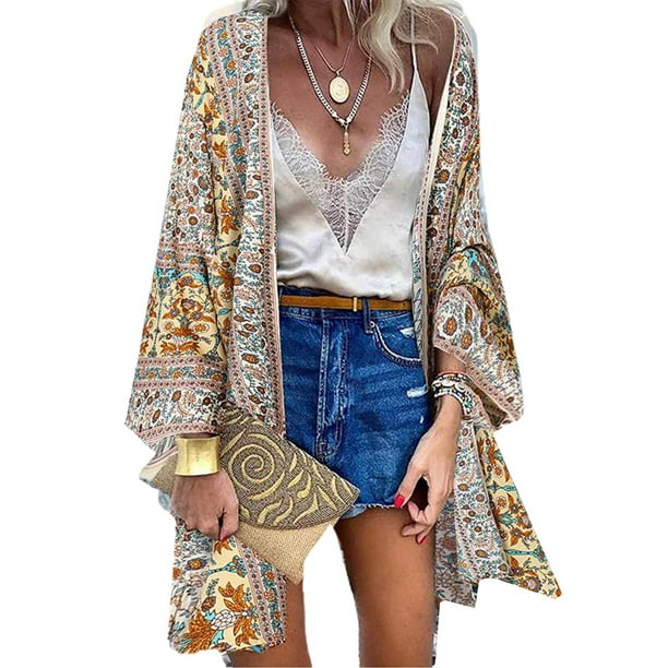 LilyLLL Plus Size Womens Boho Floral Cover Up Blouse Kimono Open Front ...