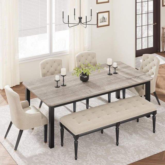 Industrial Dining Table for 6-8 People, 78.7 in Long Wooden Kitchen Table with Sturdy Metal Frame, Seats 6 Rectangular Counter for Dinner, Kitchen, Dining Room - Grey