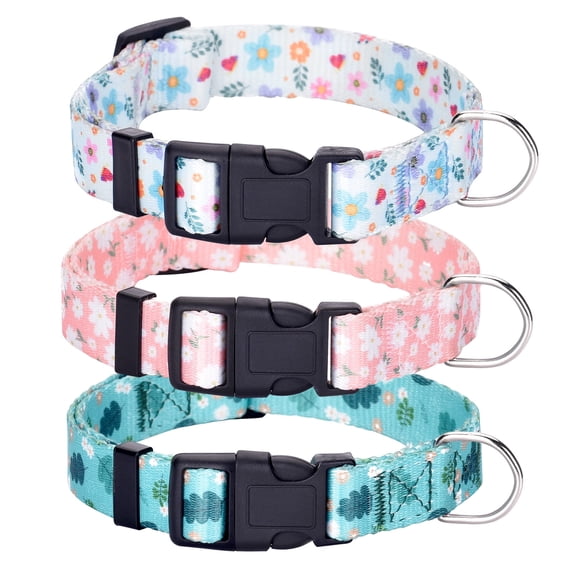 3-Pack Floral Dog Collar Set, Adjustable Nylon Pet Collars with Quick Release Buckle and Metal D-Ring, Cute Puppy Collars for Small Medium Large Dogs