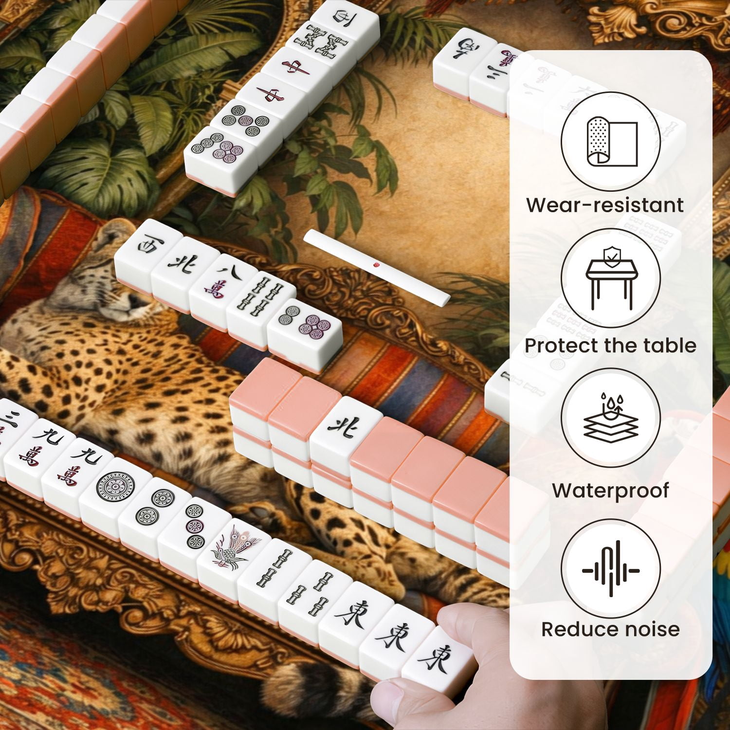 Mahjong Mat 31.5" x 31.5" Regal Cheetah Ornate Sofa Vibrant Parrot Greenery Non-Slip Noise Reduction Mahjong Tiles Table Cover for Dominoes Poker Card Board and Tile Games