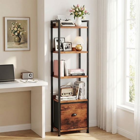 5 Tier Bookcase with Fabric Drawer, Multi-Functional Display Tall Bookshelf, Sturdy Storage Organizerfor Home Office, Brown