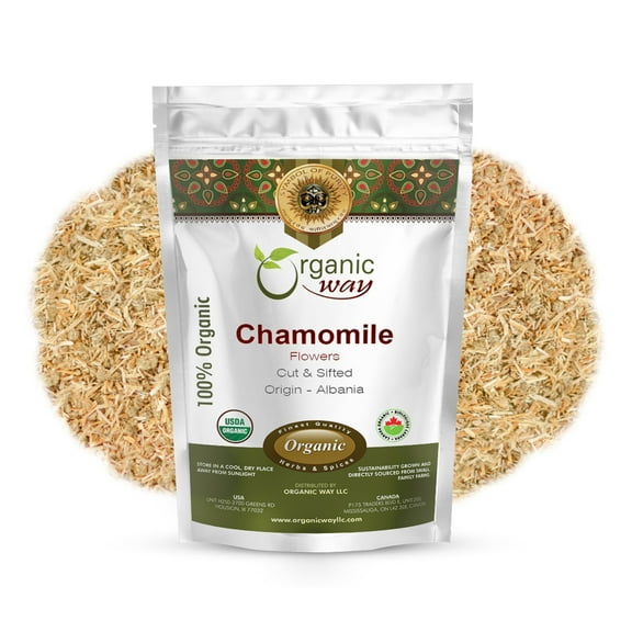 Organic Way Chamomile Flowers Cut & Sifted (Matricaria chamomilla) - European Wild-Harvest | Organic & Kosher Certified | Non GMO & Gluten Free | USDA Certified | Origin - Albania (1 LBS / 16 Oz)