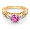thumbnail image 2 of Gem Stone King 18K Yellow Gold Plated Silver Pink Created Sapphire White Created Sapphire and White Moissanite Engagement Ring for Women (1.53 Ct, Gemstone September Birthstone, Round 6MM, Size 9), 2 of 4