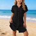 thumbnail image 4 of PiGOGI Girls Short Sleeve Button Down Shirt Dress Pocket Casual Long Top Solid Color Soft Summer Dress Black 3Years, 4 of 9