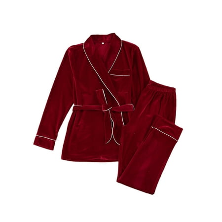 

Capreze Ladies Nightgowns Lapel Robe Lace Up Pajamas Set Lightweight Sleepwear Long Sleeve Nightwear Red S