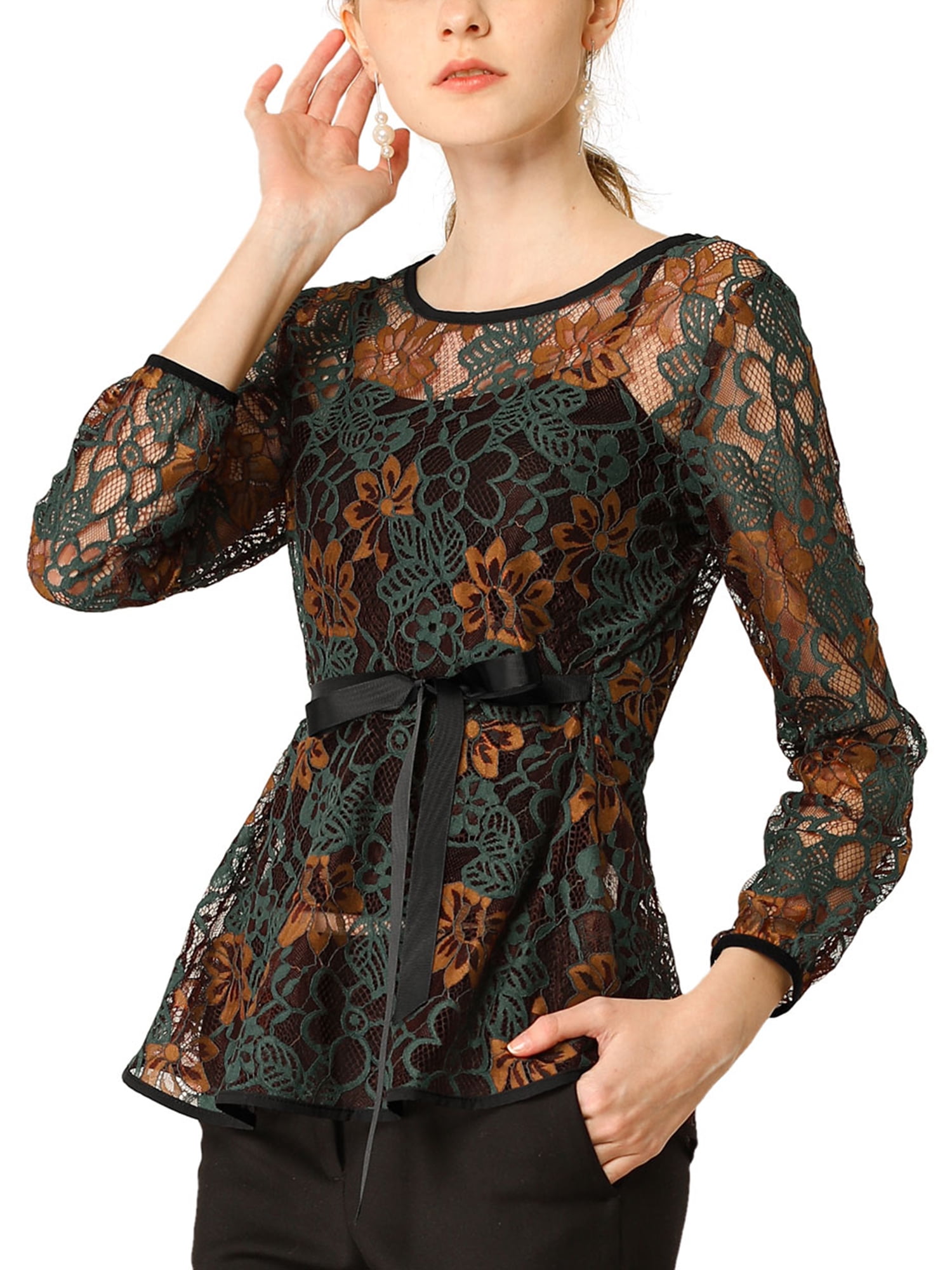 DARING DIVA Self-Tie Waist Semi Sheer Peplum Top M Green