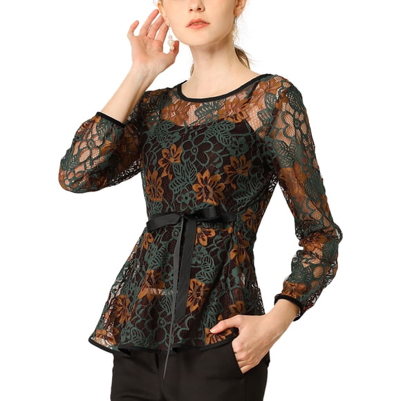 INSPIRAR CHIC Blusa de encaje con peplum para mujer, mangas de pulsera florales, top con cintura ajustable, talla XL, verde