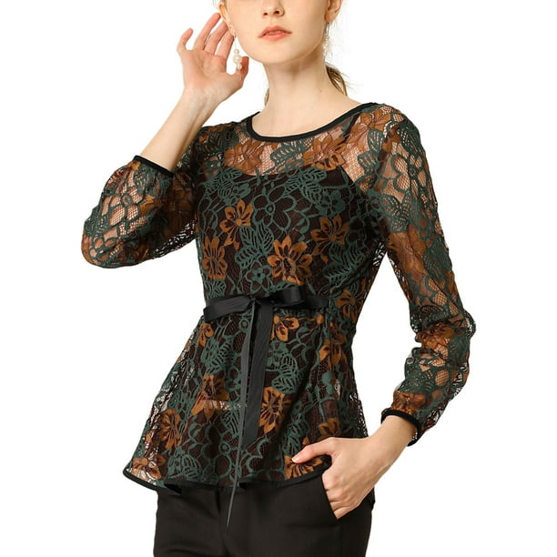 INSPIRAR CHIC Blusa de encaje con peplum para mujer, mangas de pulsera florales, top con cintura ajustable, 2XL, verde