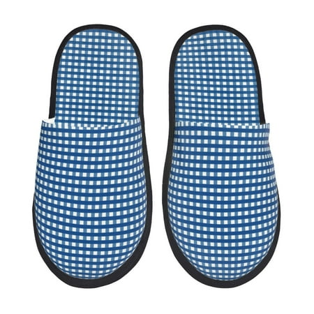 Balery Blue Gingham Slient Indoor Furry Fleece Comfort House Shoes Soft Non-Slip Home Shoes Cotton slippers House Slippers-- Large