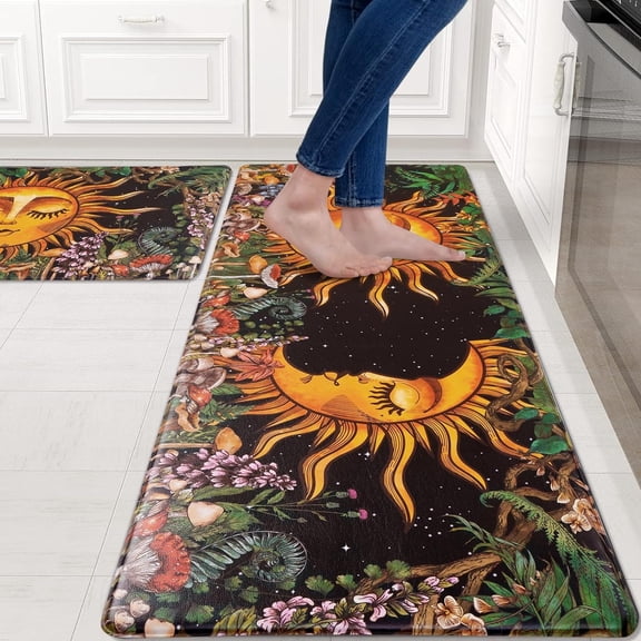 Boho Kitchen Rugs Sets of 2, Floral Mushroom Anti Fatigue Cushioned Kitchen Mat for Floor, Standing, Sun Moon Non Skid Washable Kitchen Rugs and Mats, 18'''' x 30''''   18'''' x 48'''', Black