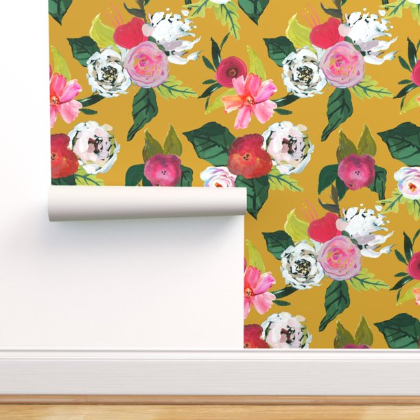 Peel-and-Stick Removable Wallpaper Mustard Yellow White Roses Floral