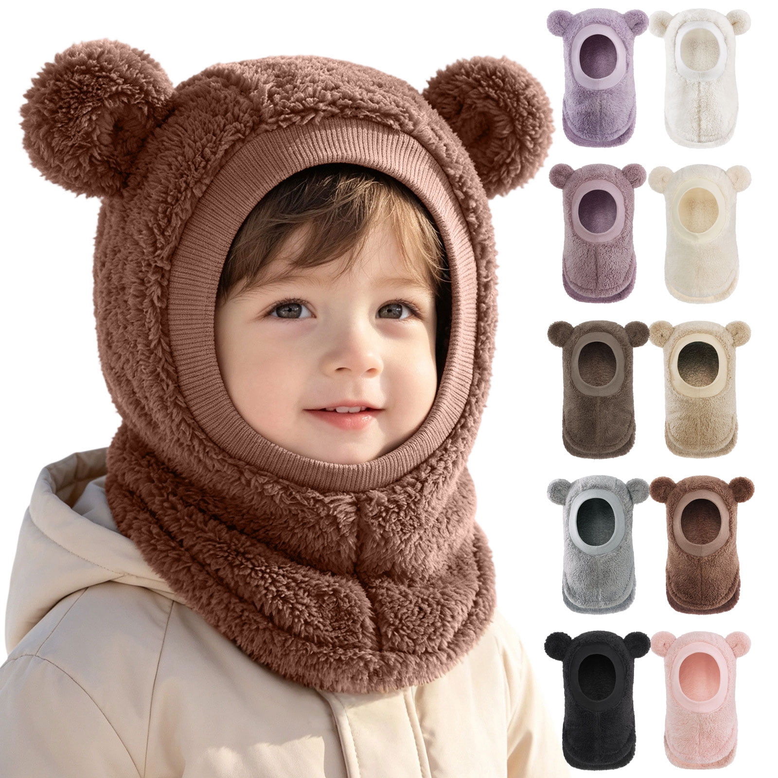 Lispipm Baby Fuzzy Bear Ear Balaclavas Hood Boys and Girls Winter Warm Neck Cover Hats Little Kid Outdoor Sport Accessory Beige 6-36 Months