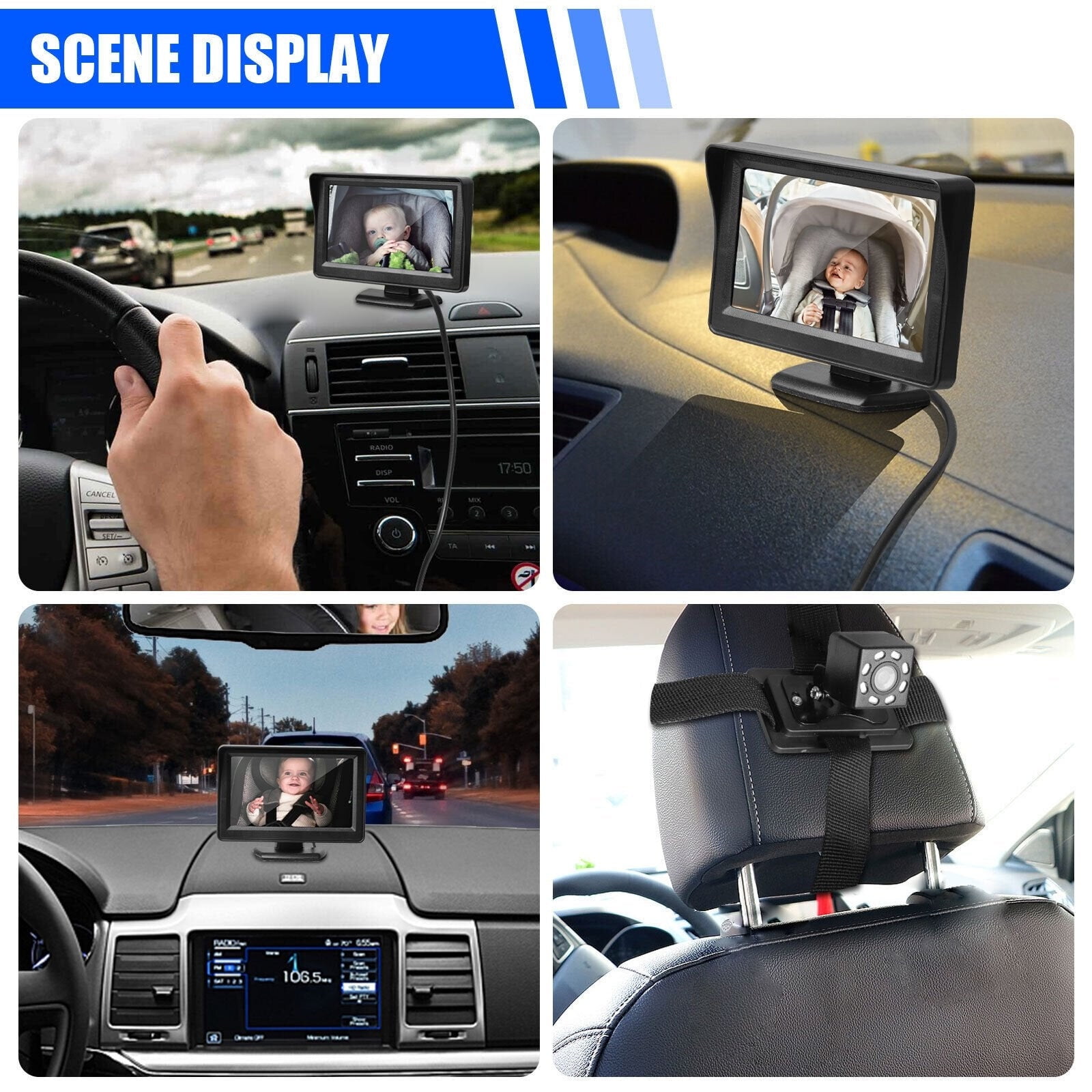 RnemiTe-amo Baby Car Mirror,Eye Protection SB Plug and Play Easy Setup 4.3'' HD Wide View Seat Mirror Night Vision Function to Observe Baby's Every Movement While Driving, Black