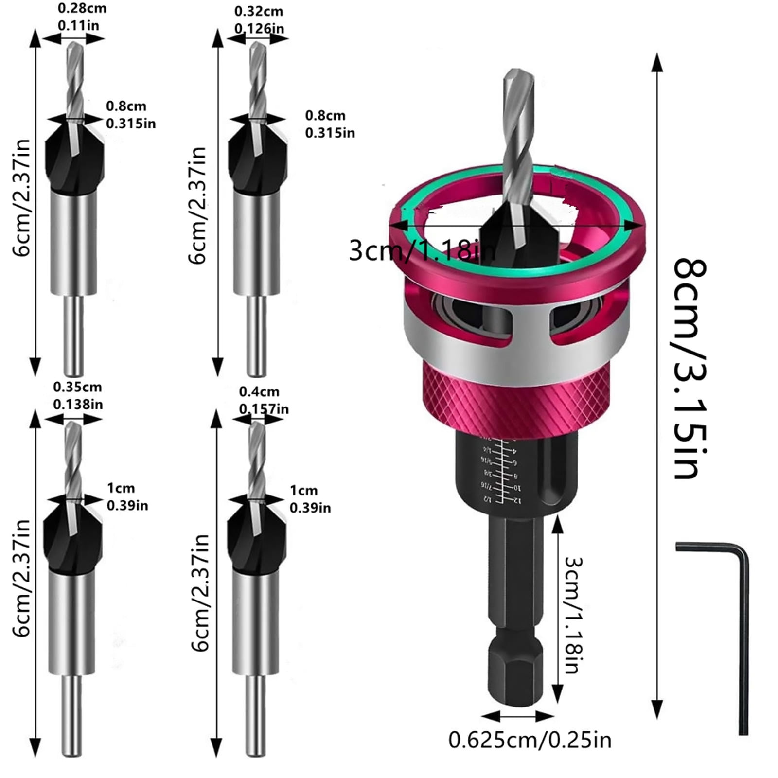 GUYUTING Countersink Drill Bit Set 2.8x8mm 3.2x8mm 3.5x10mm 4x10mm Sizes for Wood Fibreboard Chipboard Drilling Tasks